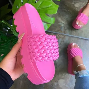 Women Platform Slides Woven Strap Open Toe Thick Sole Non-Slip Summer Beach Sandals Casual Outside Wear Fashion Slippers For Ladies