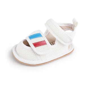 Breathable white mesh baby walker shoes with distinctive blue and red striped straps.