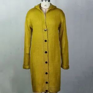Detailed front view of a long mustard yellow hooded knit cardigan sweater for women.