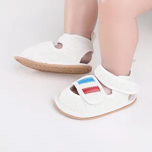 White breathable mesh baby walking shoes with blue and red stripes for 0-1 year infants