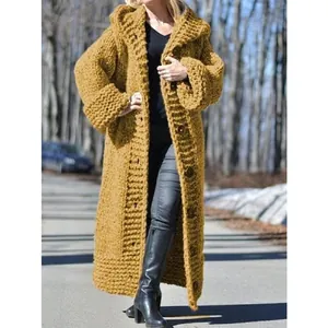 Elegant women's mustard yellow chunky knit oversized long hooded cardigan sweater