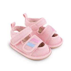 Detailed view of pink breathable mesh baby walking shoes with dual adjustable straps
