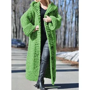 Chunky knit long green hooded cardigan sweater for women featuring an oversized fit design