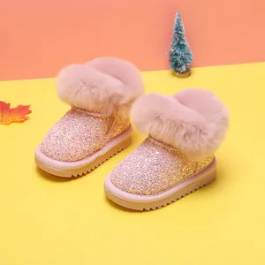 Kleinkind Baby Mädchen Schneestiefel Winter Warm Fleecegefüttert Pailletten Kunstpelzbesatz Seitlicher Reißverschluss Rutschfeste Stiefel