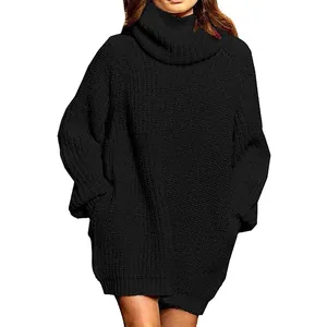 Robe pull en tricot noir élégante à col roulé et manches longues pour femmes automne
