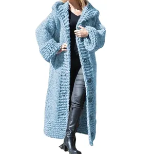 Long chunky light blue hooded knit cardigan for women, oversized winter sweater coat