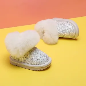 Glitzernde Baby Mädchen Schneestiefel mit flauschigem weißem Kunstpelzkragen für den Winter