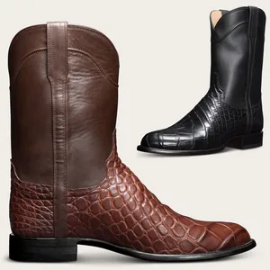 Bottes Cowboy Western Rétro pour Hommes Gaufré Crocodile Bout Pointu Mi-Mollet Cuir Synthétique Punk Bottes de Chevalier Décontractées Soirée