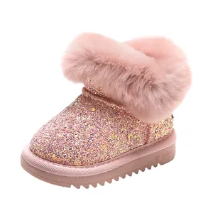 Glitzernde rosa Schneestiefel für Kleinkinder mit dickem Kunstpelzkragen Winterschuhe