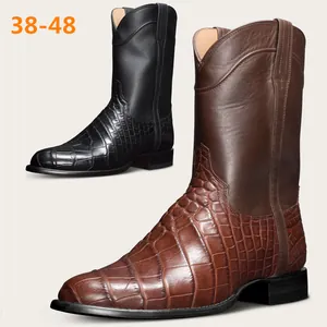 Bottes de cow-boy western vintage pour hommes avec motif crocodile en noir et marron