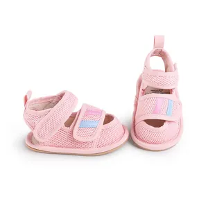 Pink breathable mesh baby walking shoes with adjustable Velcro straps for 0-1 year old infants
