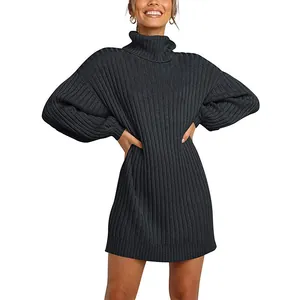 Elegantes dunkelgraues Rippstrick-Rollkragen-Strickkleid für Damen mit langen Ärmeln
