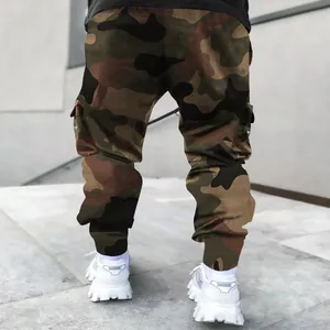 Back view of men's urban camouflage cargo joggers featuring multi-pocket streetwear design