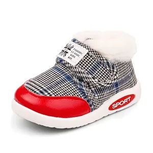 Warm fleece-lined winter walking shoes for baby boys and girls in plaid pattern