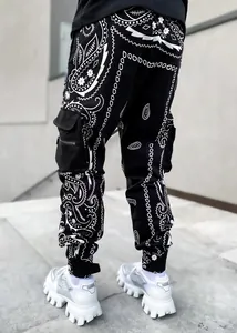 Back view of men's loose paisley harem cargo pants with stylish multi-pocket design.