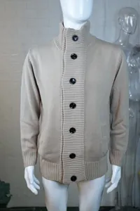 Detailed front view of men's beige single-breasted knit cardigan sweater on mannequin