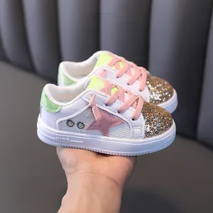 Toddler Girls Fashion Sequin Sneakers Mesh Breathable Casual Board Shoes Kids Star Pattern Sport Shoes Pink Purple