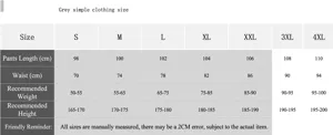 Size chart guide for men's loose casual high street sports cargo harem pants with measurements