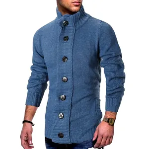 Men's blue single-breasted knitted cardigan sweater with high collar and ribbed cuffs