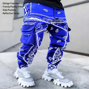 High street men's loose cargo pants featuring paisley pattern and glowing reflective strips