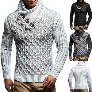 Suéter de Cuello Desbocado para Hombre Decoración de Hebilla de Cuero Jersey de Punto Ajuste Ceñido Cuello Alto Manga Larga