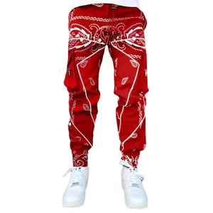 Streetwear red paisley bandana print cargo joggers with multiple pockets for men