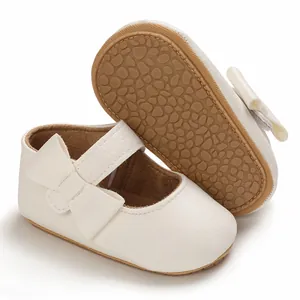 White baby girl princess walking shoes with soft rubber non-slip sole and bow