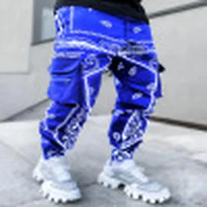 High street men's blue paisley print cargo harem pants featuring multi-pocket design