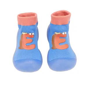 Breathable baby walking sock shoes with soft rubber soles and cute cartoon letter E