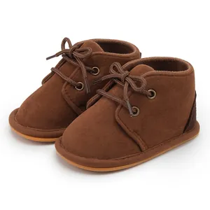 Brown suede lace-up baby boots with non-slip rubber soles for autumn and winter