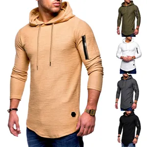 Camiseta Ajustada Con Capucha para Hombre Manga Larga Con Bolsillo Cremallera Color Sólido Casual Dobladillo Curvo Top