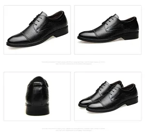 Black perforated genuine leather men's dress shoes with lace-up business design