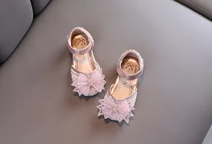 Chaussures de princesse roses pailletées pour filles avec un grand nœud décoratif élégant
