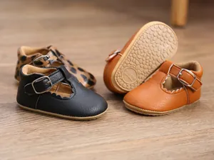 Detailed view of baby girl princess shoes with non-slip rubber soles and buckle straps.