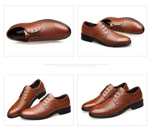 Multi-angle view of brown perforated genuine leather dress shoes for men
