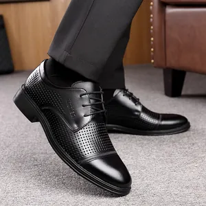 Men's breathable black leather dress shoes with perforated hollow design for summer