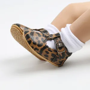 Detail shot of leopard print baby Mary Jane shoes featuring anti-slip rubber soles