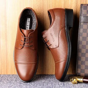 Men Business Casual Cowhide Leather Sandals Breathable Hollow Out Dress Shoes Lace-up Non-slip Summer Male Formal Footwear