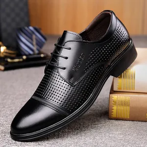 Men's Summer Breathable Cow Leather Sandals Business Formal Hollow Out Dress Shoes Lace Up Non-Slip Soft Sole Perforated Oxford Shoes