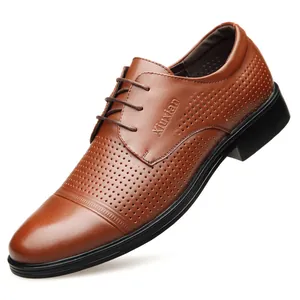 Breathable brown genuine leather men's oxfords with stylish perforated hollow design