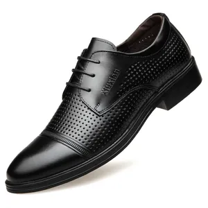 Breathable black genuine leather men's business dress shoes with perforated lace-up design