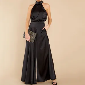 Eleganter schwarzer Satin-Jumpsuit mit Neckholder und weitem Bein für Damen