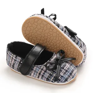 Tweed Baby Mary Jane Schuhe mit schwarzer Schleife und rutschfester weicher Gummisohle