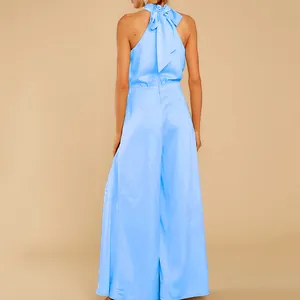 Detailansicht der Rückseite eines hellblauen Neckholder-Jumpsuits mit großer Schleife.