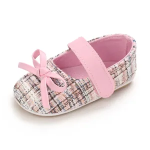 Rosa Tweed Baby Mädchen Prinzessin Schuhe mit Schleife und weicher Gummisohle