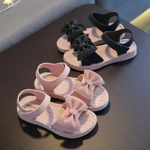 Princess style girls' sandals with sparkling rhinestone bows and soft anti-slip soles