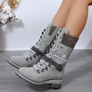 Women's Winter Mid-Calf Boots Square Heel Lace-Up Martin Boots With Yarn Patchwork Warm Faux Fur Lined Snow Boots