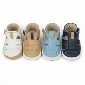 Collection of four breathable baby sandals in white, tan, light blue and navy blue
