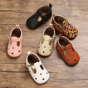 Detailed view of baby walking shoes with star cut-outs in six different vibrant colors