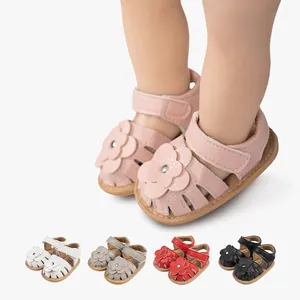 Sandales d'Été pour Bébé Fille Respirantes en PU Semelle Souple Chaussures de Premier Pas Avec Fleur et Auto-agrippant